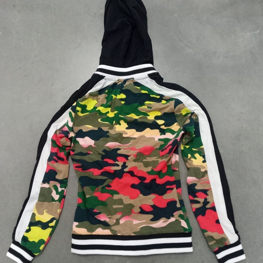 BEBE Colorful Camo Letterman Hoodie XS